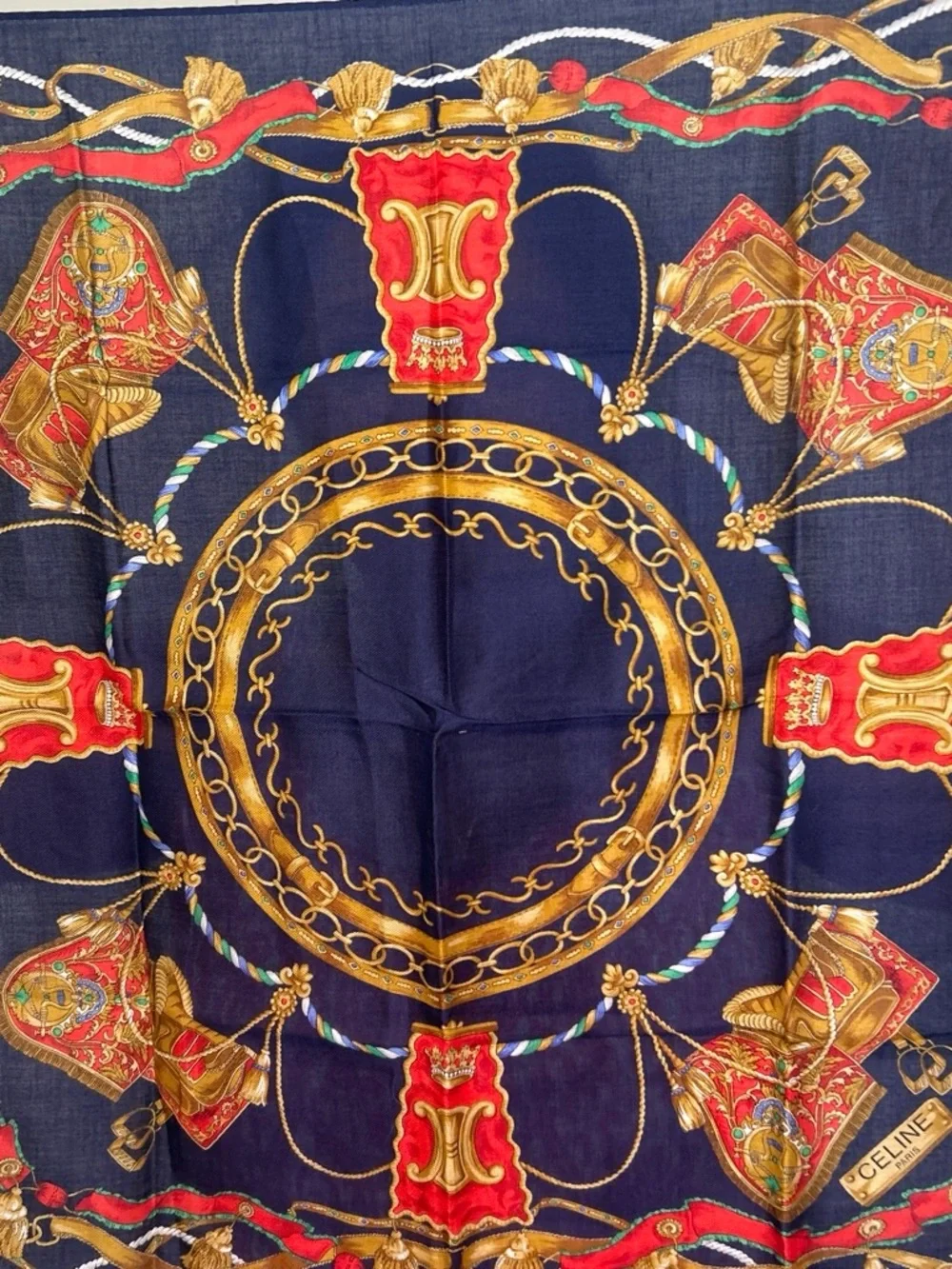Celine Navy Blue, Gold & Red Decorative Silk Scarf